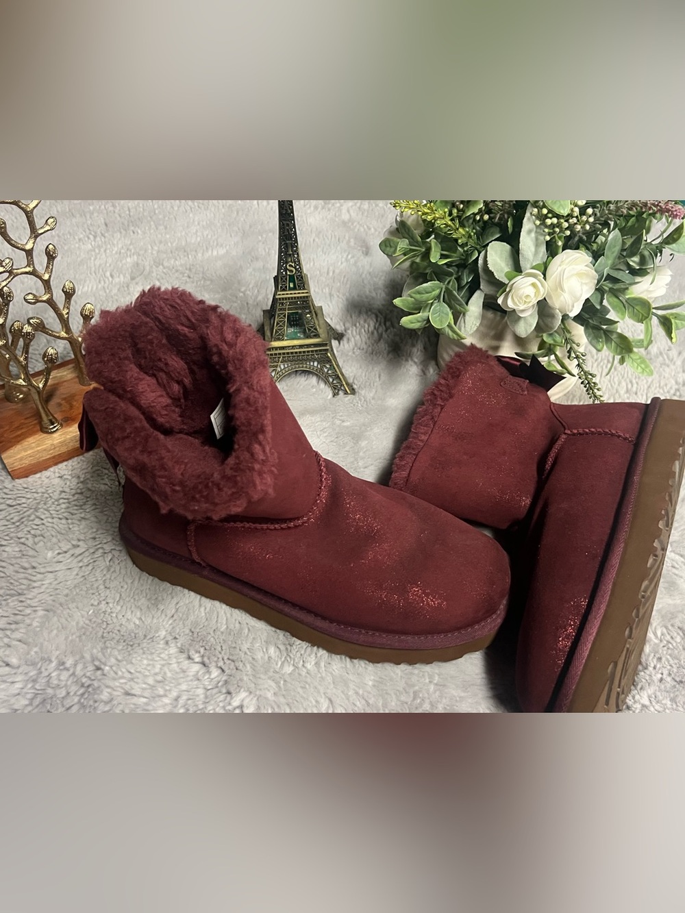 UGG Women's bow  Burgundy Plush Ankle Slippers